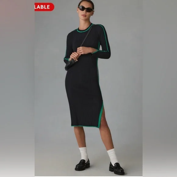 Anthropologie Daily Practice XL Ribbed Sweater Dress Black Green Stripe Midi - Picture 2 of 8